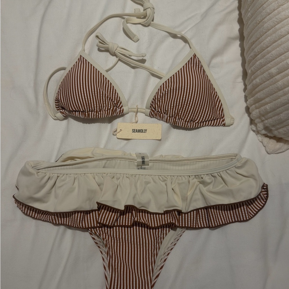 Seamolly Cream & Brown Striped Ruffle Bikini Set
